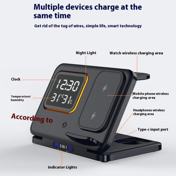 15W Wireless Chargers Stand 5 In1 LED Digital Alarm Clock Fast Charging Dock Station - Image 6